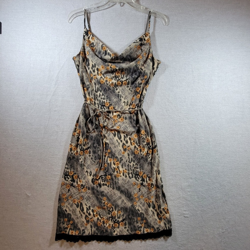 5.7.9 Slip Dress Women Leopard Floral Excellent Cowl Neck Lace Trim Tie